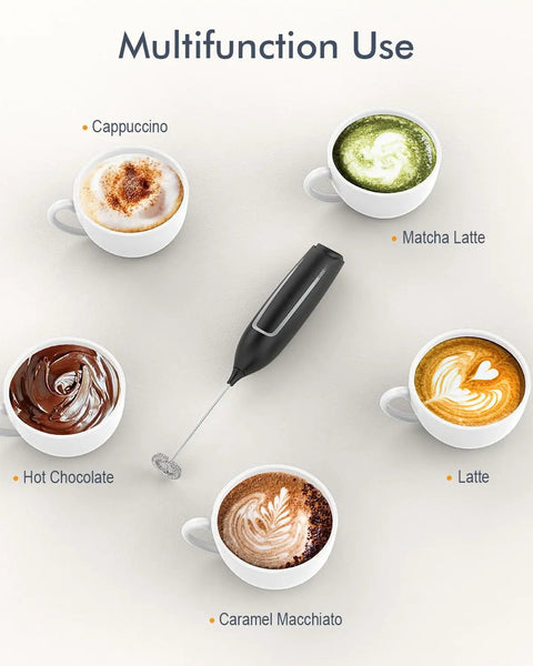 Handheld Frother Battery Powered Foam Maker Wand With Stainless Steel Whisk surrounded by various frothed beverages