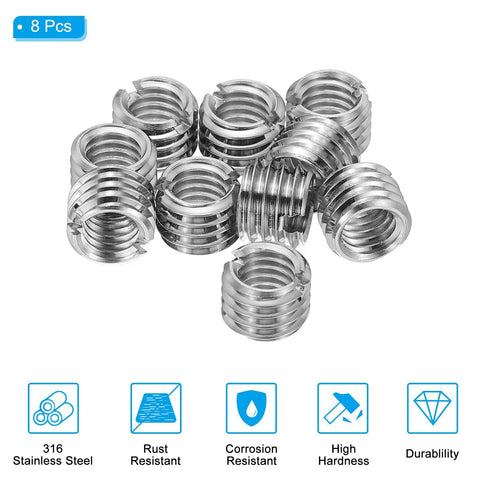 Eight-piece set of stainless steel thread adapter sleeves, M8x1.25 male to M6x1 female, 316 stainless steel