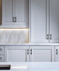 3 Inch Black Cabinet Handles 30 Pack Square Zinc Alloy Pulls For Kitchen Dresser Closet And Bathroom Cabinets Hardware installed on white cabinets