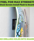 Side view of Steel Skateboard Deck Display Wall Mount No Drill Hanger For Decks Turn Your Skates Into Floating Wall Art Without Drilling Any Holes Patent Pending Today, showing flush deck screw installation for strong support.