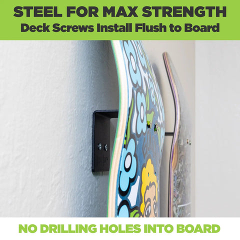 Side view of Steel Skateboard Deck Display Wall Mount No Drill Hanger For Decks Turn Your Skates Into Floating Wall Art Without Drilling Any Holes Patent Pending Today, showing flush deck screw installation for strong support.