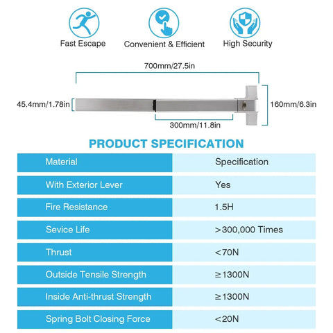 Beefy Industrial Grade Commercial Door Push Bar Panic Exit Device With Exterior Lever Twenty Seven And A Half Inch Stainless Steel Panic Bar For Exit Doors product specifications chart