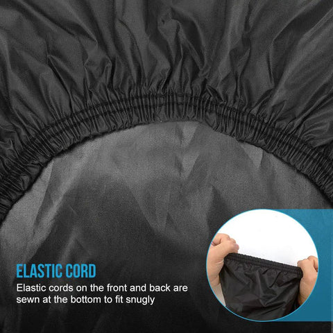Close-up of Universal Waterproof ATV Cover elastic cord detail, showing secure fit for ATVs up to 83 inches, 300D Oxford material.