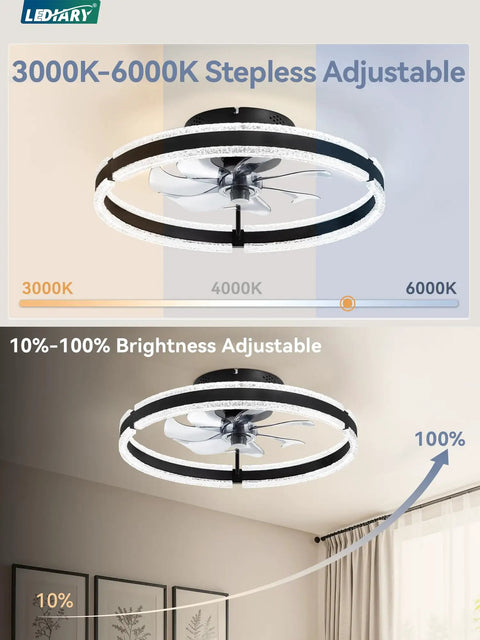 Top Tier 20 Inch Low Profile Ceiling Fan With Slick Dimmable Light And Wireless Remote Control Delivering Chill Six Speed Airflow For Cozy Master Bedrooms Modern Flush Mount Fixture In Matte Black with adjustable light settings.