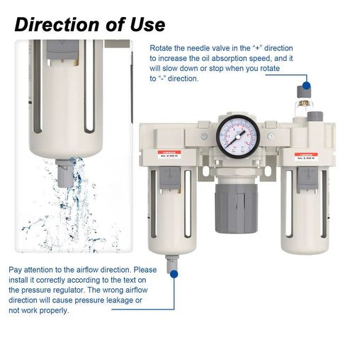 Heavy Duty 3/4 Inch NPT Air Compressor Filter Regulator Lubricator FRL Combo With 5 Micron Brass Element Water Oil Trap Separator AC4000-06 instruction