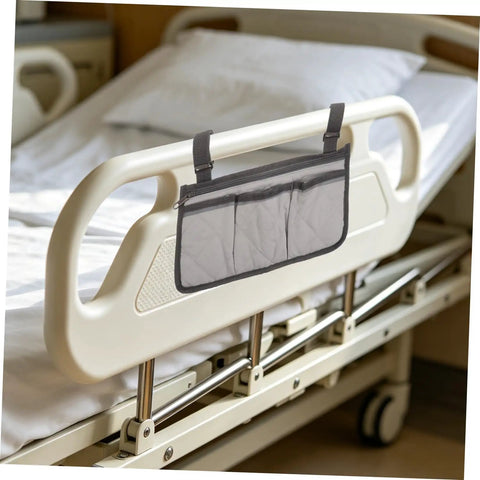 Must Have Bedside Organizer Bag With Four Pockets And Cup Holder, Universal Bed Rail Caddy With Zipper Phone Pouch on hospital bed.