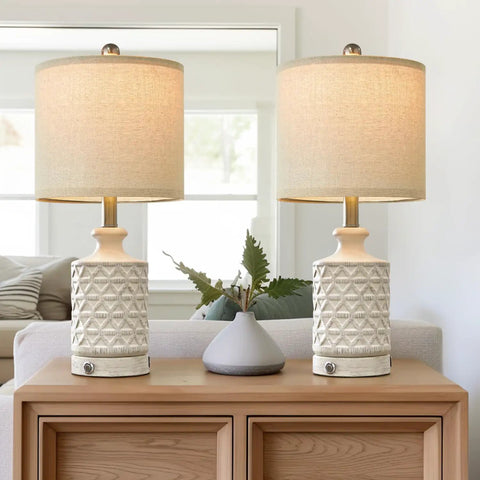 20 Inch Set Of 2 Cozy Farmhouse Ceramic Table Lamps With 3 Way Dimmable Touch Control White Nightstand Lamps For Bedroom And Living Room End Table Bedside Lighting