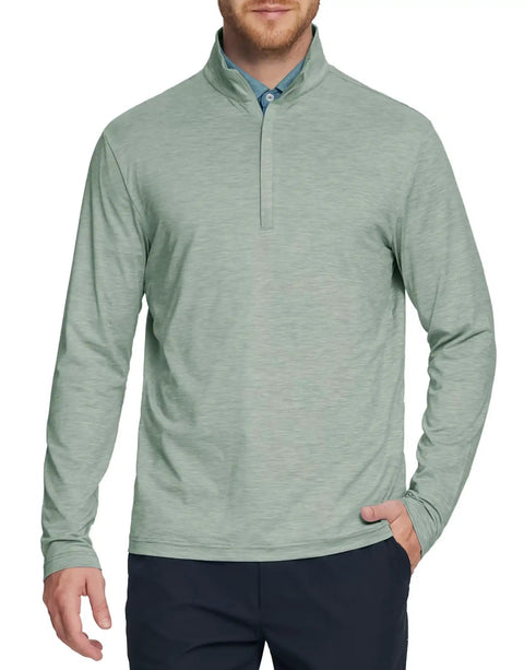 Mens Quarter Zip Performance Pullover For Golf And Everyday Wear in green heather, featuring breathable moisture-wicking stretch fabric.