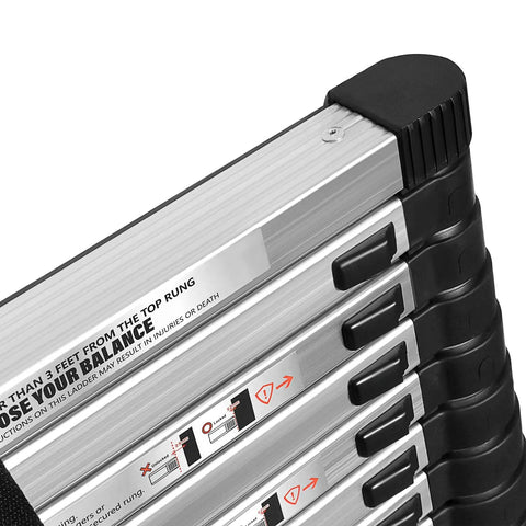 Close-up of 14 Point 5 Foot Telescoping Ladder With 330 Pound Capacity Heavy Duty Aluminum Extendable Collapsible Ladder With Secure Locking Mechanism