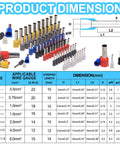 Pro Grade 600 Piece Wire Ferrule Terminal Kit With 7 Sizes And 7 Colors AWG 22 To 10 Copper Crimp Ferrules Nylon Insulated Terminal Ends Electrical Connector For Electric And Industrial Wiring Projects product dimension chart and shown ferrules