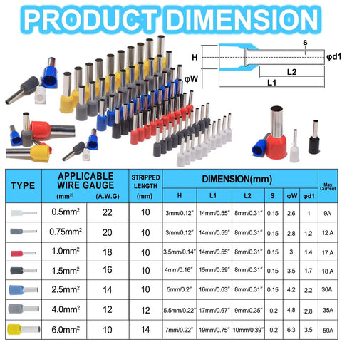 Pro Grade 600 Piece Wire Ferrule Terminal Kit With 7 Sizes And 7 Colors AWG 22 To 10 Copper Crimp Ferrules Nylon Insulated Terminal Ends Electrical Connector For Electric And Industrial Wiring Projects product dimension chart and shown ferrules