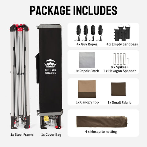 Package contents of Easy Setup 13x13 Pop Up Gazebo with Wheeled STO-N-Go Cover Bag, including frame, ropes, and repair kit