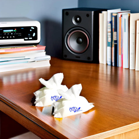 Two white Audiowipes towelettes crumpled on a wooden desk beside a stack of books and a speaker.