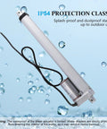 Angled view of DC12V 20-inch stroke linear actuator with mounting bracket, white body and black power cord.