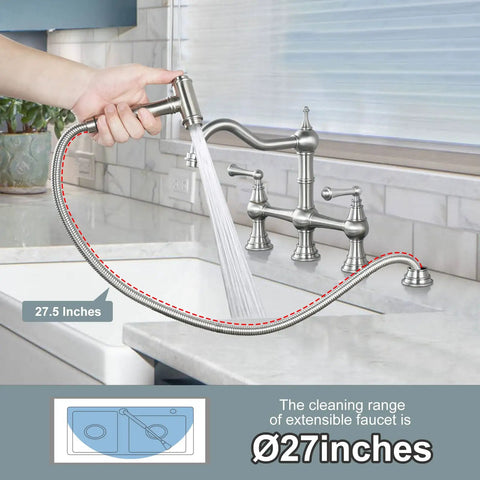 8 Inch Centerset Bridge Kitchen Faucet With Brass Side Sprayer, Brushed Nickel Finish, Dual Handles, 4 Hole Deck Mount in use