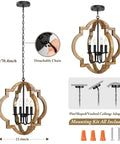 21.6 Inch Farmhouse Wood Orb Chandelier With 4 Lights Rustic Dining Room Light Fixture Adjustable Hanging Chain Black Matte Finish That Pops For Kitchen Island Or Foyer Over Dining Table Bulbs Not Included, includes detachable chain and mounting kit
