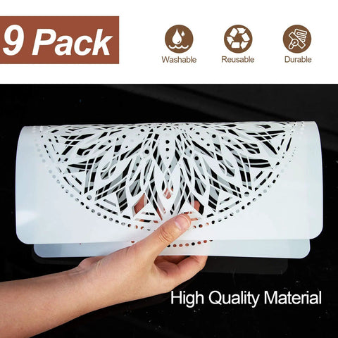 Hand holding Nine Pack 12x12 Mandala Stencil Set for Painting On Wood Floor Wall Tile Fabric showing intricate pattern detail.