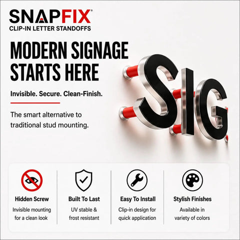 Clean Hidden Acrylic Standoff Mounts For Plexiglass Wall Signs With No Sweat Install Kit UV Stable Heavy Duty Clip In Holders 100 Pack Medium White in modern signage display.