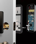 Touchscreen Smart Door Lock With Keypad And Bluetooth Motorized Deadbolt One Tap Entry Easy Setup Remote App Control See Who Entered And When 20 Unique Access Codes Black DB1 with exposed components on door