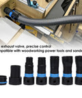 7Pcs Vacuum Hose Expansion Adapters With Dustcollection Quick Connectors And 360 Rotating Clip For 1-1-4 Inch Hoses showing size variations and exhaust valve for precision control.