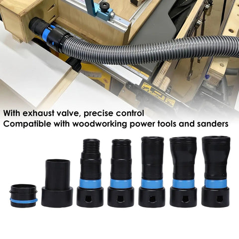 Essential 7 Piece Diydeg Vacuum Hose Adapter Kit For Seamless Dust Collection Quick Connectors, various sizes and designs on workbench.