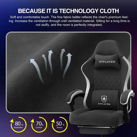 Close-up of ergonomic gaming chair with breathable fabric and linkage armrests, emphasizing ventilation and comfort features.
