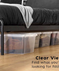 Big Time Seventeen Quart Clear Stackable Storage Bin With Secure Snap Lid For Slick Bedroom Closets Loaded Garages And Wooden Shelving That Gonna Keep Your Setup Tight under bed with boots visible.