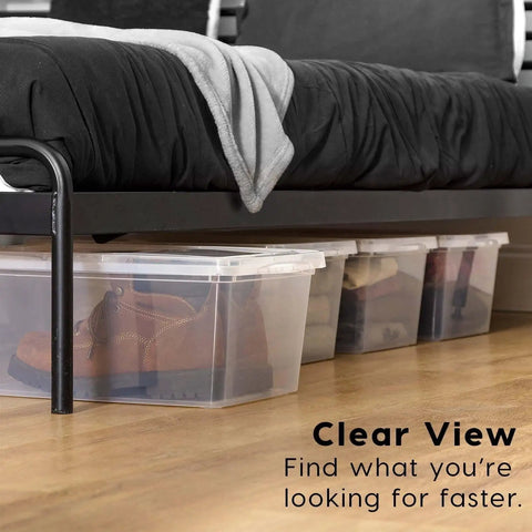 Big Time Seventeen Quart Clear Stackable Storage Bin With Secure Snap Lid For Slick Bedroom Closets Loaded Garages And Wooden Shelving That Gonna Keep Your Setup Tight under bed with boots visible.