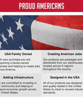 American flag with text promoting USA family-owned business and creating American jobs, infrastructure, and design.