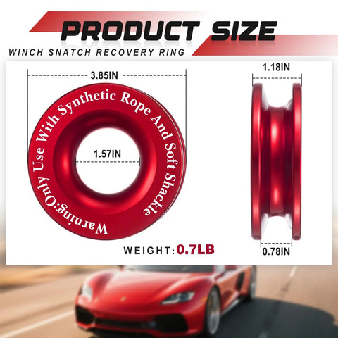 Two Pack Winch Snatch Recovery Ring Block Pulleys 66,000 Lbs For SUV UTV ATV Off Road Trucks Towing Ring With Synthetic Rope And Soft Shackle Red Heavy Duty Recovery Gear Tough Trails, red aluminum alloy, 3.85x3.85x1.18 in