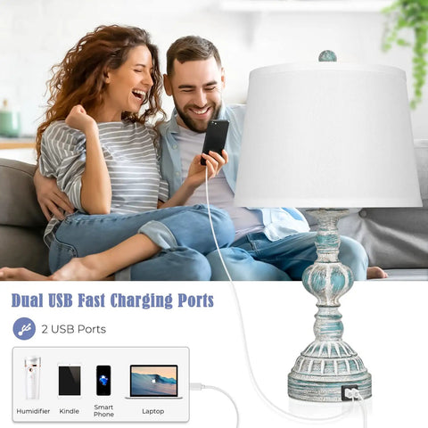 Set Of 2 Rustic Bedside Lamps With 3-Way Touch Dimming And USB Ports, Coastal Washed Blue Nightstand Lights, lifestyle image