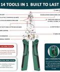 Diagram of 14 in 1 Wire Stripping Pliers With Rechargeable Battery, Built In Voltage Tester And Alarms, Green handles visible.