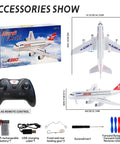 Ready To Fly A380 RC Airplane With 6 Axis Gyro Stabilizer and accessories including remote and charging cables.