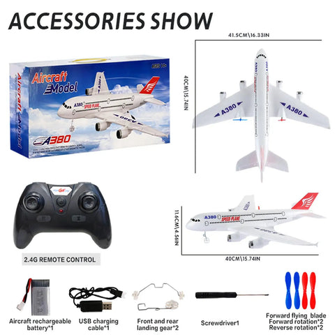 Ready To Fly A380 RC Airplane With 6 Axis Gyro Stabilizer and accessories including remote and charging cables.