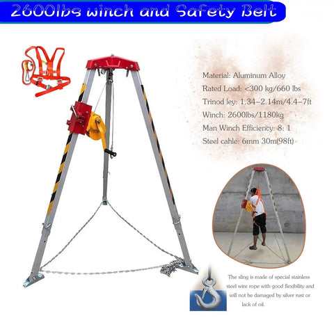 Tough As Nails Heavy Hitter Manual Emergency Rescue Tripod Winch 2600 Lbs Capacity with safety belt and aluminum legs.
