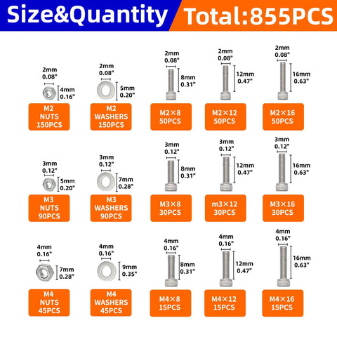 Chart of 855 Piece Stainless Steel Machine Screws Nuts And Bolts Assortment Kit with various sizes, for DIY Projects.
