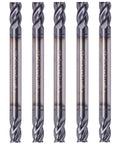 Five 1/8 in solid carbide square end mills, double-ended, AlTiN-coated, 4-flute, 35° helix (front view).