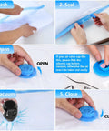 Electric vacuum pump for storage bags (55W, black) shown with blue zipper-seal bag in a 5-step guide