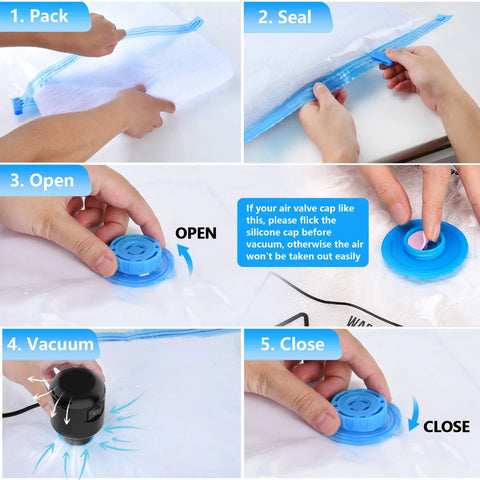 Electric vacuum pump for storage bags (55W, black) shown with blue zipper-seal bag in a 5-step guide