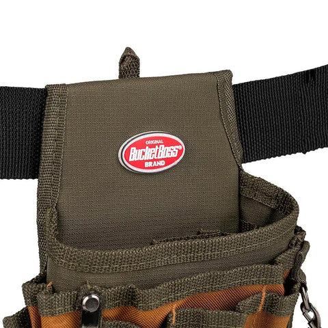 FlapFit Tool Pouch With Flap Nine Pocket Belt Pouch With Eight Tool Loops And Metal Tape Clip Rugged 600D Ripstop Nylon Construction For Pros On The Job Original Series Brown on black belt