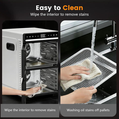 Top Shelf Workhorse Food Dehydrator Featuring 12 Sturdy Steel Trays And Precise Heat Controls Plus Marathon Timer for easy cleaning steps.