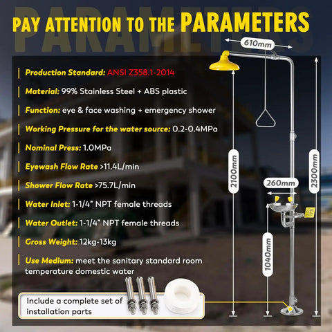 Shop Floor Tested Emergency Shower And Eye Wash Combo OSHA Approved ANSI Standard 304 Stainless Steel Wall Mount With Bold Caution Decal Top Shelf Safety Gear Built For Industrial Workplaces And Retail Shops