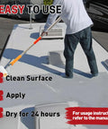 Person applying RV Roof Sealant 1 Gallon Quick Drying Solar Reflective Coating For Camper And Travel Trailers Leak Repair Flexible Waterproof Membrane Paint In White on a motorhome roof with roller