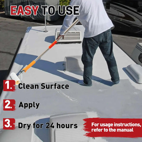 Person applying RV Roof Sealant 1 Gallon Quick Drying Solar Reflective Coating For Camper And Travel Trailers Leak Repair Flexible Waterproof Membrane Paint In White on a motorhome roof with roller