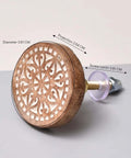 Boho Bulk Wooden Drawer Knobs Set With 300 Pieces, brown floral round knob with screw, dimensions labeled.