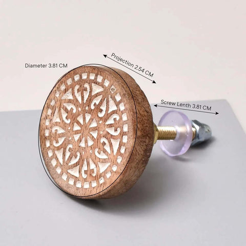 Boho Bulk Wooden Drawer Knobs Set With 300 Pieces, brown floral round knob with screw, dimensions labeled.