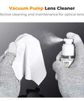 10 In 1 Camera Lens Cleaning Kit For DSLR And Digital Cameras showing vacuum pump lens cleaner spray and cloth in use
