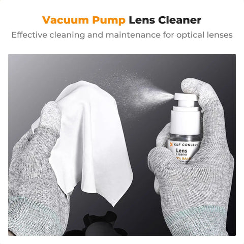 10 In 1 Camera Lens Cleaning Kit For DSLR And Digital Cameras showing vacuum pump lens cleaner spray and cloth in use