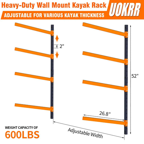 Heavy Duty Wall Mounted Kayak Storage Rack For Indoor Outdoor Spaces Boasts Heavy Duty Steel Construction With Powder Coated Finish That Holds Two Watercraft Without Breaking A Sweat, Adjustable for Kayak Thickness.