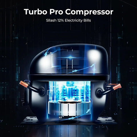Close-up of Turbo Pro Compressor highlighting energy efficiency in a futuristic setting.